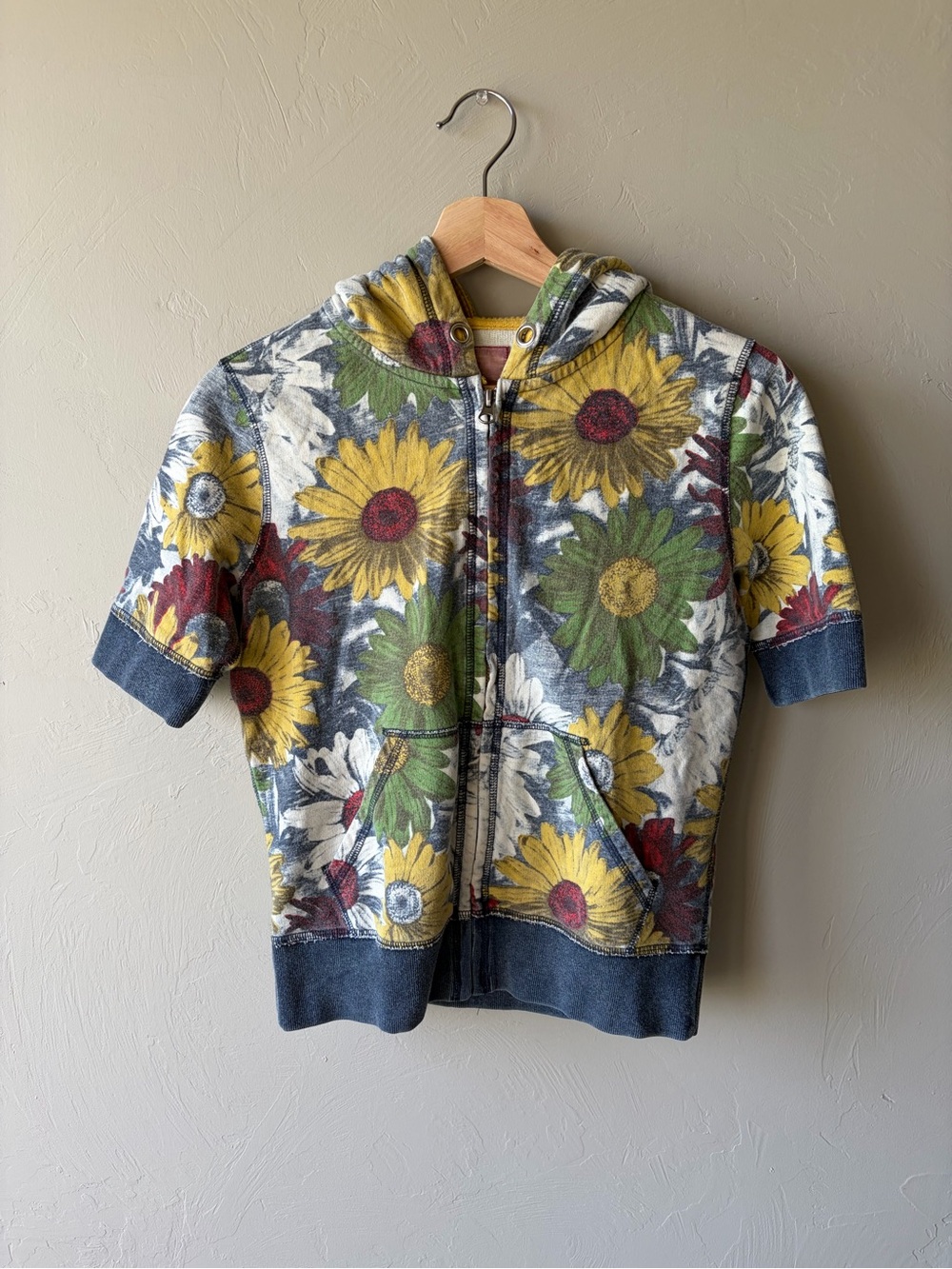 Vintage Lucky Brand Floral Sunflower Zip Hoodie in Yellow, Green & Red
